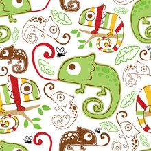 Seamless Pattern Vector Of Chameleon Cartoon. Colorful Striped Chameleon Creeping On Tree Branches, Green Chameleon Stick Out Its Tongue To Catch A Bug