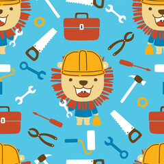 Wall Mural - Seamless pattern vector of funny lion the builder with its tools. Cute lion smiling wearing helmet while holding tool box and monkey wrench