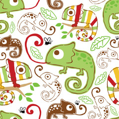 Wall Mural - Seamless pattern vector of chameleon cartoon. Colorful striped chameleon creeping on tree branches, green chameleon stick out its tongue to catch a bug