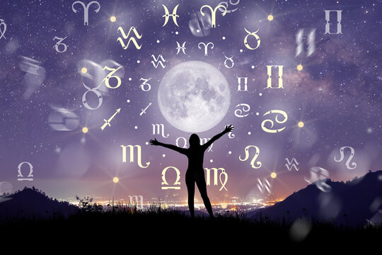 Wall Mural -  - Astrological zodiac signs inside of horoscope circle. Illustration of Woman silhouette consulting the stars and moon over the zodiac wheel and milky way background. The power of the universe concept.