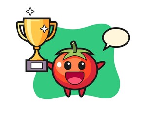 Sticker - Cartoon illustration of tomatoes is happy holding up the golden trophy