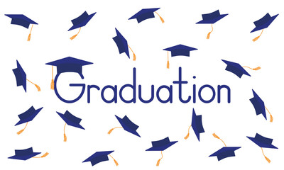 Wall Mural - Graduation poster. Throwing dark blue mortarboard or square academic caps. Vector illustration