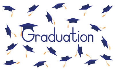 Graduation poster. Throwing dark blue mortarboard or square academic caps. Vector illustration