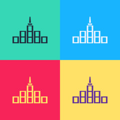 Sticker - Pop art City landscape icon isolated on color background. Metropolis architecture panoramic landscape. Vector