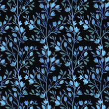 Watercolor Floral Pattern Of Blue  Flowers,  Leaves And Twigs On A Black Background