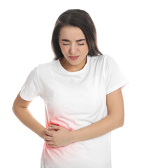 Sticker - Young woman suffering from liver pain on white background