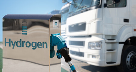 self service hydrogen filling station on a background of trucks