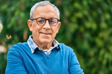Wall Mural - senior grey-haired man smiling happy standing at the city.