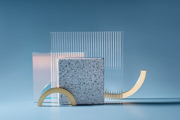 Ribbed and gloss glass, stone plate with golden arch on a blue background.  Modern set from various materials and geometric shapes.