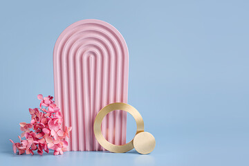 Wall Mural - pink arch and golden rounds with flowers on a blue background. stylish background with geometric sha
