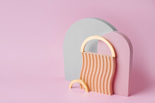 Gray, Pink, Golden Arches And Wooden Plate With Waves  On A Pink Background. Stylish Background With Various Materials And Geometric Shapes
