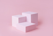 Geometric Shapes Podium For Product Display. Monochrome Platform On Pink Background. Stylish Background For Presentation. Minimal Style.
