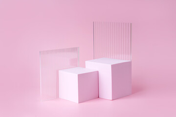 Wall Mural - geometric shapes podium for product display. monochrome platform with ribbed acrylic sheets on pink 