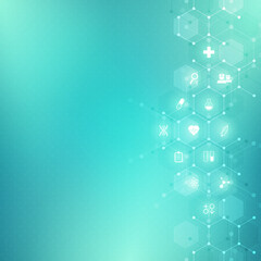 Wall Mural - Illustration of a medical background with flat icons and symbols. Template design with concept and idea for the healthcare technology, innovation medicine, health, science and research