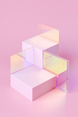 Wall Mural - geometric shapes podium for product display. monochrome platform with gloss acrylic sheets on pink b