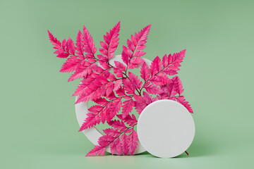 Wall Mural - green background with pink leaf for branding and packaging presentation. natural skincare beauty pro