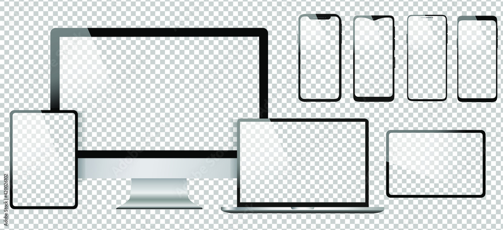 Realistic computer design vector icons. Notebook, tablet and smartphone illustration. Transparent background and isolated white screens. Apple, iMac, MacBook and iPhone mockup  copy collection.  - obrazy, fototapety, plakaty 