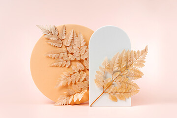 Wall Mural - leaf with circle and arch to show cosmetic products. beige color background for branding and packagi