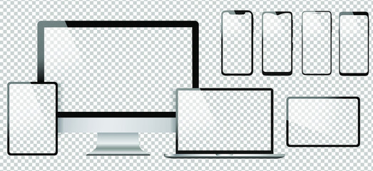 Leinwandbilder - Realistic computer design vector icons. Notebook, tablet and smartphone illustration. Transparent background and isolated white screens. Apple, iMac, MacBook and iPhone mockup  copy collection. 