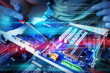 Wall Mural - Technician repairing electronic circuit board with soldering iron at table, closeup