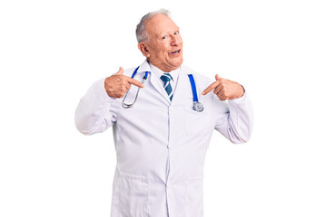 Wall Mural - Senior handsome grey-haired man wearing doctor coat and stethoscope looking confident with smile on face, pointing oneself with fingers proud and happy.