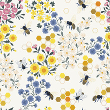 Meadow Wildflower Honeybee Vector Seamless Pattern. Bee Flower Honeycombs Decorative Ornament Illustration. Wild Apis In Floral Bloom Graphic Print Design