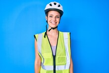 Young Caucasian Girl Wearing Bike Helmet And Reflective Vest Looking Positive And Happy Standing And Smiling With A Confident Smile Showing Teeth