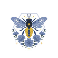 Ornate Cosmic Bee With Celestial Ornament In Floral Frame Vector Illustration. Symmetrical Honeybee Folk Art Emblem. Apiculture Decorative Folksy Ornament. 