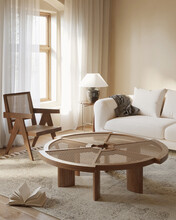 3d Rendering Of A Natural Beige Tones Interior With A White Sofa And Two Wooden And Rattan Chairs

