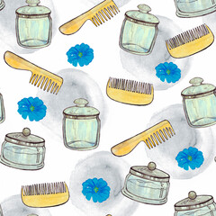 Watercolor jars and combs pattern blobs, domestic objects background, hand drawn flowers