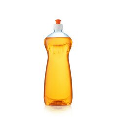 Yellow plastic bottle with cap isolated on white background for liquid detergent laundry or cleaning agent
