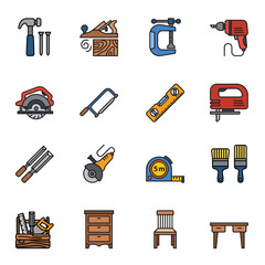 Carpenter elements or Woodworker icon set 2 with white background. Colored Thin Line Style Stroke vector.