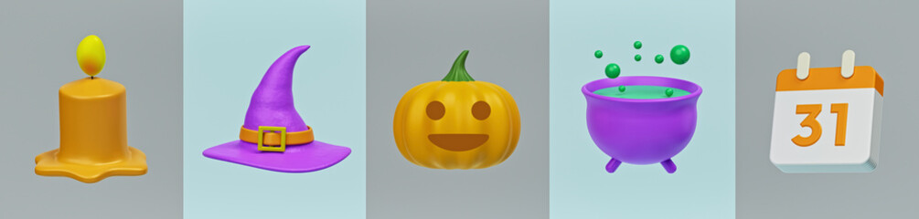 Poster - minimal Halloween icons set. simple symbols collection banner. 3d rendering