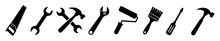 Tool Icon Set. Instrument Symbol, Wrench, Hammer, Handsaw, Paint Brush, Screwdriver, Adjustment Wrench, Vector Illustration