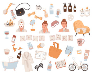 Young womans with a face mask and natural cosmetics products. Self-care routine to do ideas. Includes relaxing, exercising, health, happiness, candles, skin care, and shopping. Vector illustration.