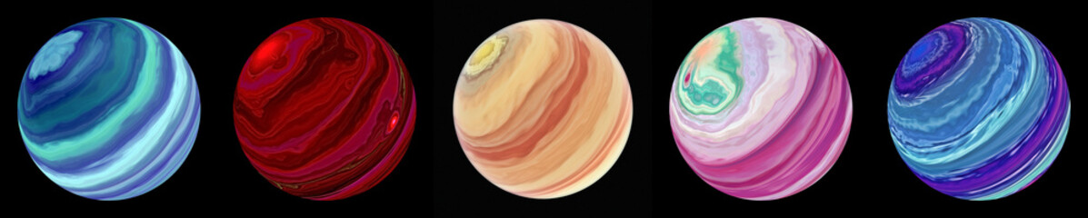 set of gas giant planets. alien planets. 5 different planets. high resolution. isolated on a black b