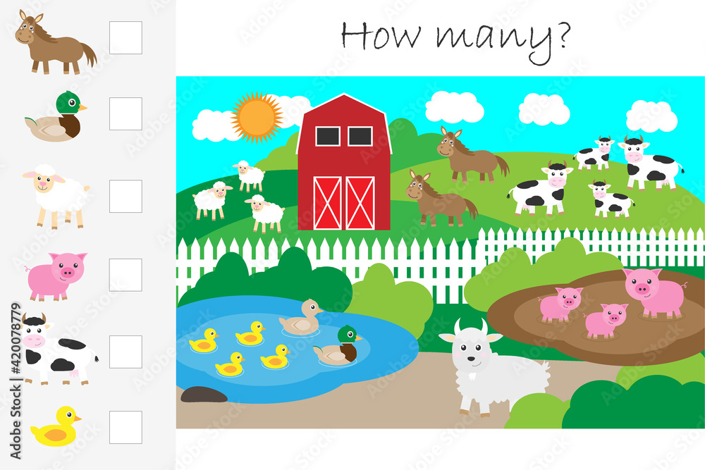 Ilustração How many counting game, farm with animals for kids ...