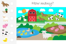 How Many Counting Game, Farm With Animals For Kids, Educational Maths Task For The Development Of Logical Thinking, Preschool Worksheet Activity, Count And Write The Result, Illustration