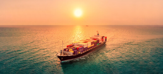 Smart cargo container  ship at sunset import export container concept freight shipping sea port, webinar banner  forwarder mast