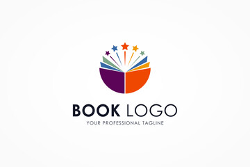Poster - Creative Education Logo. Colorful Open Book Icon with Starburst Combination isolated on White Background. Usable for Business and School Logos. Flat Vector Logo Design Template Element.