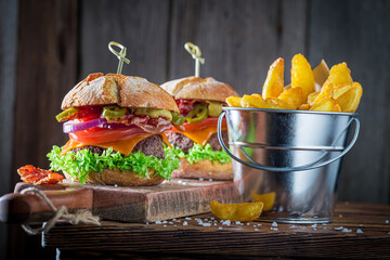 Wall Mural - Two sandwich made of vegetables, beef and pepperoni. American cuisine.