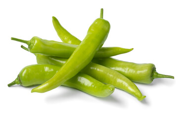 Wall Mural - Heap of fresh green turkish carliston peppers isolated on white background