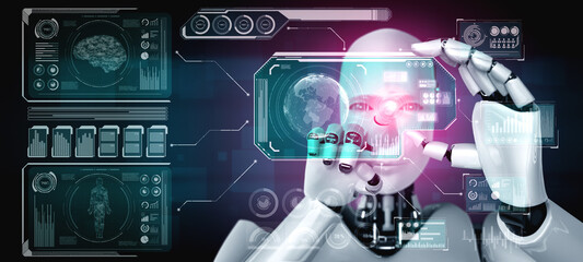 Robot humanoid hold HUD hologram screen in concept of AI thinking brain, artificial intelligence and machine learning process for the 4th fourth industrial revolution. 3D illustration.