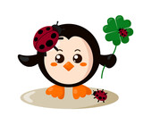Fototapeta Dinusie - Funny cute smiling penguin with round body and ladybugs holding four leaf good luck clover in flat design with shadows. Isolated animal vector illustration	