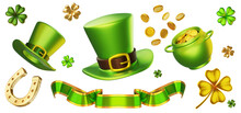 3d Set Of Green Leprechaun Hat, Pot With Golden Coin, Ribbon, Horseshoe And Four Leaf Clover On White Background. Saint Patricks Day Design