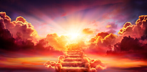 stairway leading up to sky at sunrise - resurrection and entrance of heaven