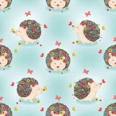 Wall Mural - Seamless pattern with cute hedgehogs with spring flowers on the meadow. Vector illustration.