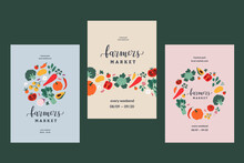 Farmers market poster collection, illustrated pre-made designs, vector banner templates with lettering for local food fair, hand drawn illustrations