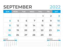 September 2022 Page, Calendar 2022 Template, Desk Calendar, Planner Design, Wall Calendar, Week Starts On Sunday, Stationery Design, Desk Office, Organizer Office, Vector 