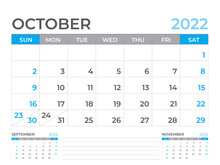 October 2022 Page, Calendar 2022 Template, Desk Calendar, Planner Design, Wall Calendar, Week Starts On Sunday, Stationery Design, Desk Office, Organizer Office, Vector 